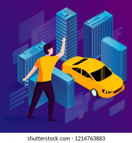 Vector concept illustration - man catching taxi cab. Modern bright banner template with place for your text.