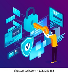 Vector concept illustration -  man with key and lock, Data Protection. Modern bright banner template with place for your text.