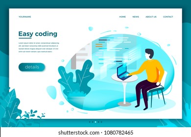 Vector concept illustration -  man with notebook, easely working with code. Modern bright banner, site template with place for your text.