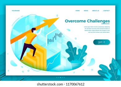 Vector concept illustration - man overcome challenges, profit stats. Modern bright banner, site template with place for your text.