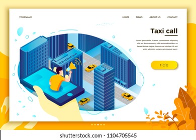 Vector concept illustration - man with phone, catching taxi cab. Modern bright banner, site template with place for your text.