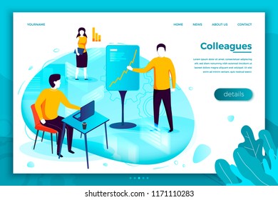 Vector concept illustration -  man with presentation, colleagues meeting in office. Modern bright banner, site template with place for your text.