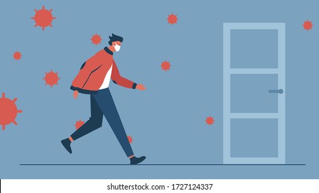 Vector concept illustration of a man running to the door of the apartment through the air infected with a virus. It represents a concept of quarantine, isolation, coronavirus, risk of infection