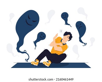 Vector concept illustration man and Schizophrenia  post  traumatic stress mental disorder  shocked  scared  panic  anxiety  frustrated  fear   terrified flat cartoon style