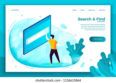 Vector concept illustration -  man in searching process. Modern bright banner, site template with place for your text.