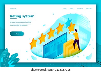 Vector concept illustration -  man with stars, rating system. Modern bright banner, site template with place for your text.