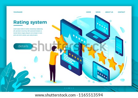 Vector concept illustration -  man with stars, rating system. Modern bright banner, site template with place for your text.