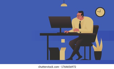 Vector concept illustration of a man working at the desk in the office. Person in a suit and glasses sitting at the computer in a cozy interior. Represents concept of office work, businessman