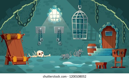 Vector concept illustration with medieval prison cell. Castle dungeon, room for prisoners, interior with iron shackles on stone walls, pillory, empty bunks and hanging cage. Cartoon game background