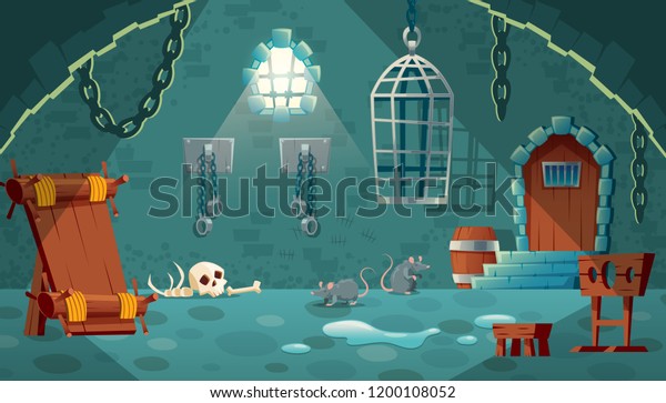 Vector concept illustration with medieval\
prison cell. Castle dungeon, room for prisoners, interior with iron\
shackles on stone walls, pillory, empty bunks and hanging cage.\
Cartoon game background