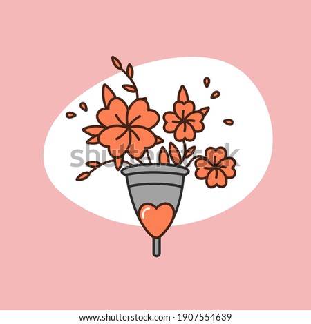 Vector concept illustration menstrual cup with flowers. Zero waste protection for woman in critical days. Menstrual period