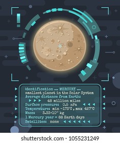Vector concept illustration of Mercury the smallest planet in the Solar system, ID card with main information. Futuristic poster with HUD interface display elements. Space background in flat style