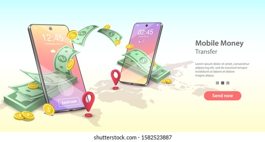 Vector concept illustration of mobile money transfer. Two smartphones and bundle of the banknotes and coins are flying from one smartphone to the other. Template for website landing page. svg