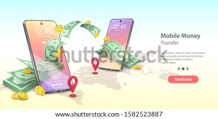 Vector concept illustration of mobile money transfer. Two smartphones and bundle of the banknotes and coins are flying from one smartphone to the other. Template for website landing page.