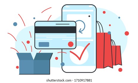 Ilustración conceptual de vectores de un teléfono móvil, tarjeta de crédito y paquetes de regalo con mercancía. Representa un concepto de compra en línea, pagos en línea, servicio al cliente y entrega de productos