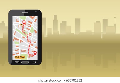 Vector Concept Illustration of Modern Taxi Service With Cityscape in The Background, Eps 10, Transparency Used