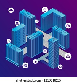 Vector concept illustration -  network of intelligent buildings, with internet of things. Modern bright banner template with place for your text.