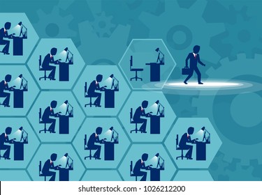 Vector concept illustration of office worker leaving routine job becoming independent businessman. 