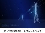 
Vector concept illustration, on dark blue background with stars, line of electric pylons, symbol of electricity, modernization and progress.