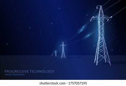 
Vector concept illustration, on dark blue background with stars, line of electric pylons, symbol of electricity, modernization and progress.