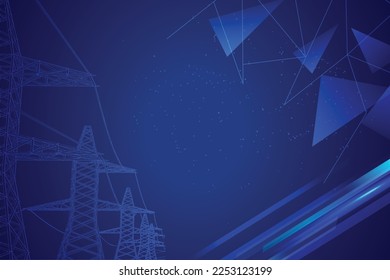 Vector concept illustration, on dark blue background, line of electric pylons, symbol of electricity, modernization and progress.