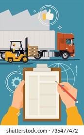 Vector concept illustration on logistics and shipping service company with semi trailer truck or lorry, forklift with pallet of boxes, employee hands holding clipboard with abstract shipping document