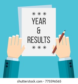 Vector concept illustration on Year and Results in business, industry, review of the Year with flat lay view businessman hands, sheet of paper, pencil 