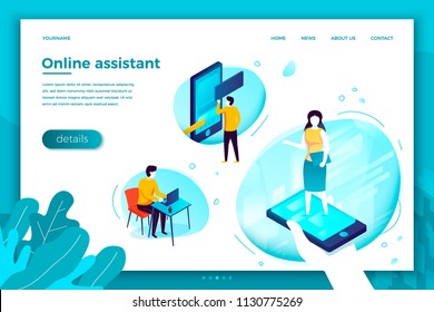 Vector concept illustration -  online assistant, fixing client problems. Modern bright banner, site template with place for your text.