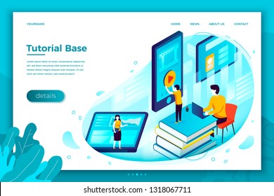 Vector concept illustration -  online tutorial school, learning process. Modern bright banner, site template with place for your text.