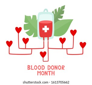 Vector concept illustration of pack of blood infused to hearts. World blood day flat illustration used for donor day poster, hospital website, magazine