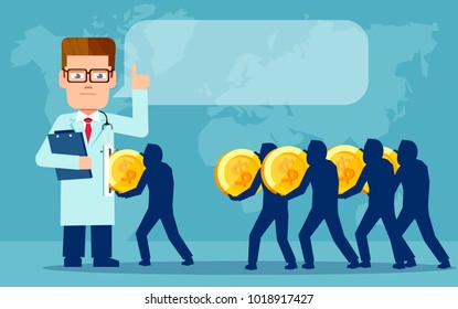 Vector Concept Illustration Of People Spending Money On Medicine And Healthcare. 