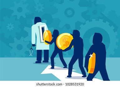 Vector concept illustration of people spending money on medicine and healthcare. 