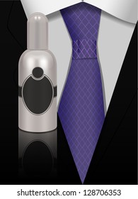 vector concept illustration, perfume for men in front of black suit and tie, eps10 file, gradient mesh and transparency used, raster version available