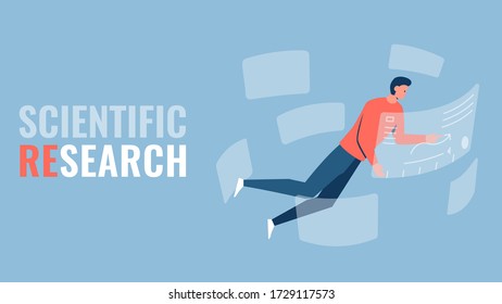 Vector concept illustration of a person conducting scientific research surrounded by elements of augmented reality. It represents a concept of immersion in scientific work and modern technology