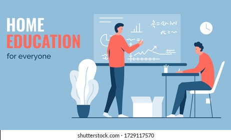 Vector concept illustration of a person sitting at a desk and another man writing and teaching with a blackboard. It represents a concept of personal individual education, teaching and learning