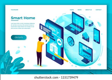 Vector concept illustration -  phone application for intelligent building, with internet of things. Modern bright banner, site template with place for your text.