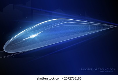 Vector concept illustration of a polygonal, futuristic high-speed train on a dark blue background, transport, logistics, business.