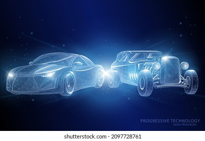 
Vector concept illustration, polygonal, old and modern car on a dark blue background, a symbol of the evolution of the automotive industry, transport, technology development.