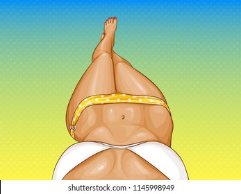 Vector concept illustration of pop art woman, sexy body in bikini with long legs and slim figure. Poster with summer girl lying on beach and relaxing. Template for advertising banner, perspective view