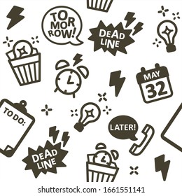 Vector concept illustration of Procrastination in work. Icons: alarm clock, deadline, calendar, lamp of idea, trash bin with alarm clock, empty to do list, tomorrow text bubble. Seamless pattern