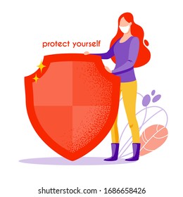 Vector concept illustration of protection sign in flat style. Woman with shield and white medical face mask. MERS-Cov, COVID-19, Novel coronavirus (2019-nCoV). Concept of coronavirus quarantine.