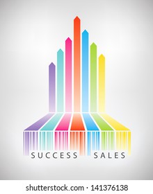 Vector concept illustration of rainbow arrows up from colorful barcode showing successful e-commerce sales. Isolated on light gray background.