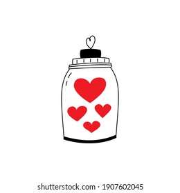 Vector concept illustration of red hearts inside the jar. Graphic linear style.