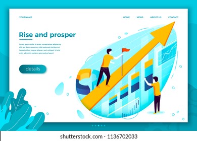 Vector concept illustration - rising arrow with charts, profit stats. Modern bright banner, site template with place for your text.