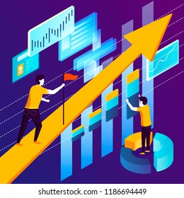 Vector concept illustration - rising arrow with charts, profit stats. Modern bright banner template with place for your text.