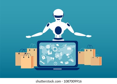 Vector concept illustration of robot controlling delivering and shipping through Internet. 