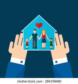Vector concept illustration of safety of house and family. Contains symbols of home or residence and parents with children. Insurance concept. For web and applications. Trendy flat design style