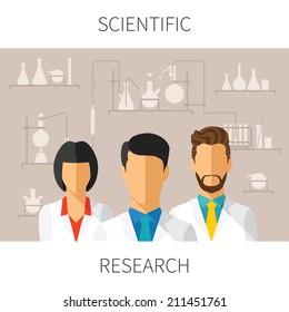 Vector concept illustration of scientific research with scientists in chemical laboratory