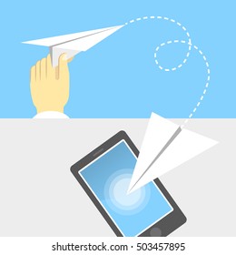 Vector concept illustration of sending a mail (message, sms, e-mail) with an origami paper airplane in flat design