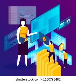 Vector concept illustration -  site creation working process. Modern bright banner template with place for your text.